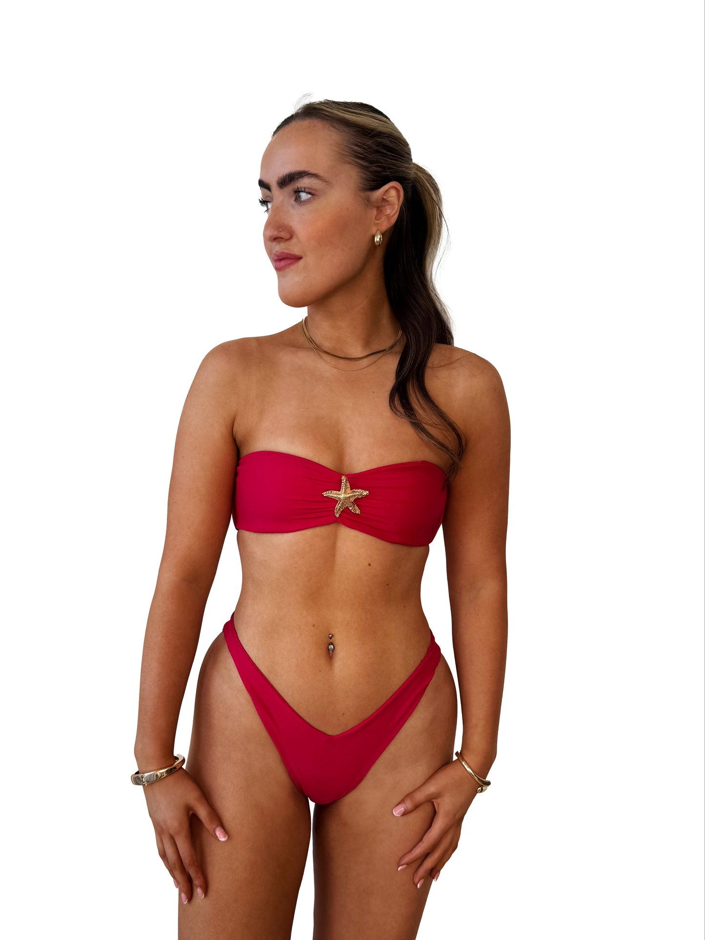 Red flattering bikini with gold starfish 